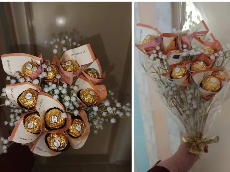 Blumenstrauß mit Geldschleife als Geldgeschenk zum Geburtstag